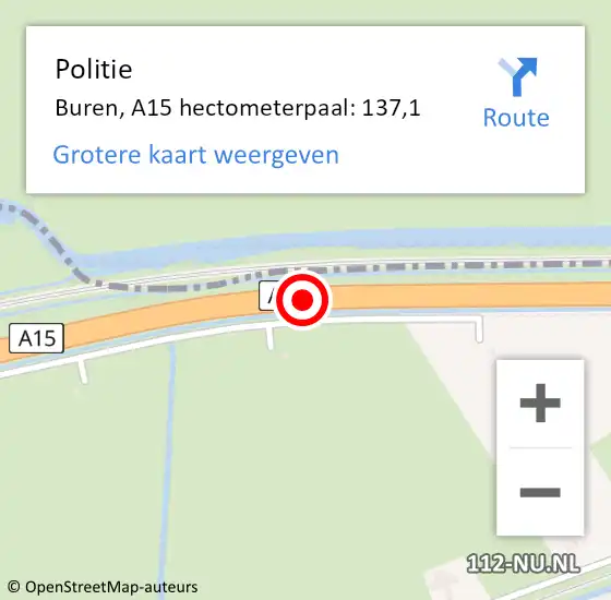 Locatie op kaart van de 112 melding: Politie Buren, A15 hectometerpaal: 137,1 op 2 september 2021 15:57