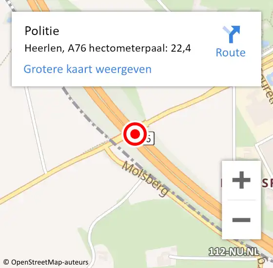 Locatie op kaart van de 112 melding: Politie Heerlen, A76 hectometerpaal: 22,4 op 2 september 2021 16:21