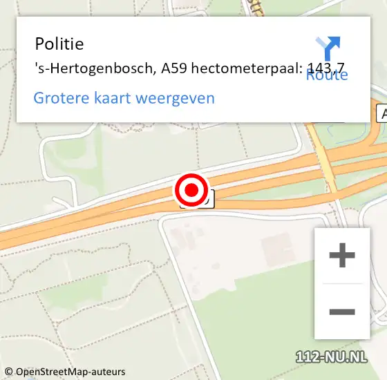 Locatie op kaart van de 112 melding: Politie 's-Hertogenbosch, A59 hectometerpaal: 143,7 op 2 september 2021 16:41