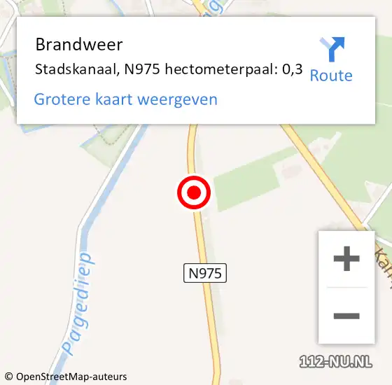 Locatie op kaart van de 112 melding: Brandweer Stadskanaal, N975 hectometerpaal: 0,3 op 2 september 2021 20:23