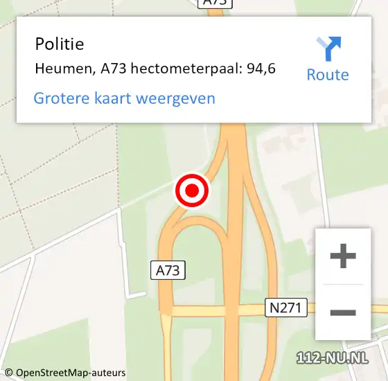 Locatie op kaart van de 112 melding: Politie Heumen, A73 hectometerpaal: 94,6 op 2 september 2021 21:09