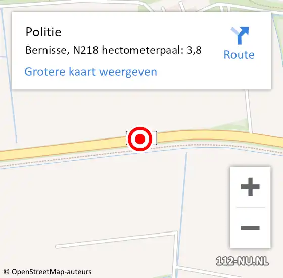 Locatie op kaart van de 112 melding: Politie Bernisse, N218 hectometerpaal: 3,8 op 2 september 2021 21:17