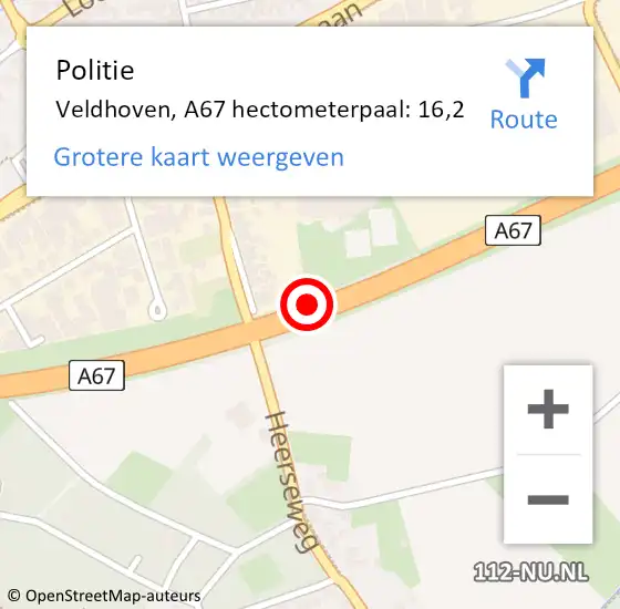 Locatie op kaart van de 112 melding: Politie Veldhoven, A67 hectometerpaal: 16,2 op 2 september 2021 21:30