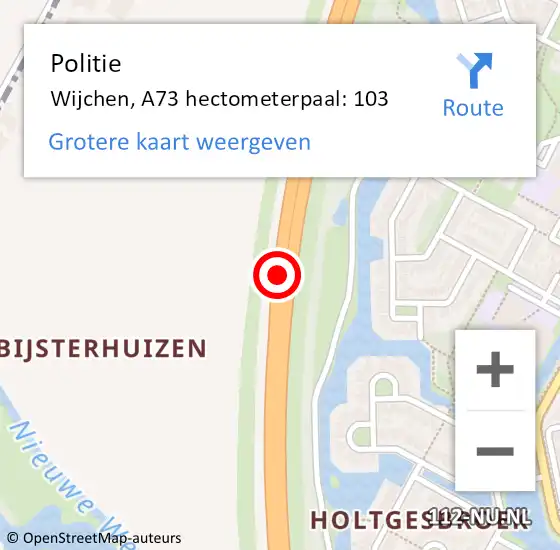 Locatie op kaart van de 112 melding: Politie Wijchen, A73 hectometerpaal: 103 op 2 september 2021 22:16