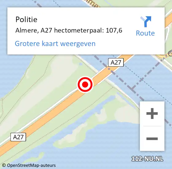 Locatie op kaart van de 112 melding: Politie Almere, A27 hectometerpaal: 107,6 op 3 september 2021 03:32