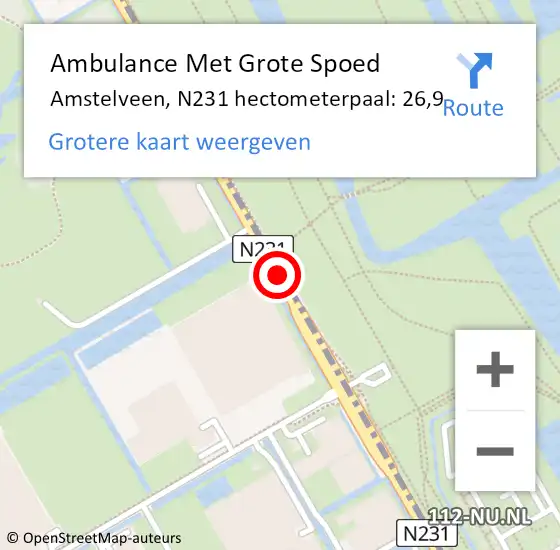 Locatie op kaart van de 112 melding: Ambulance Met Grote Spoed Naar Amstelveen, N231 hectometerpaal: 26,9 op 3 september 2021 08:09