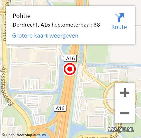 Locatie op kaart van de 112 melding: Politie Dordrecht, A16 hectometerpaal: 38 op 3 september 2021 09:41