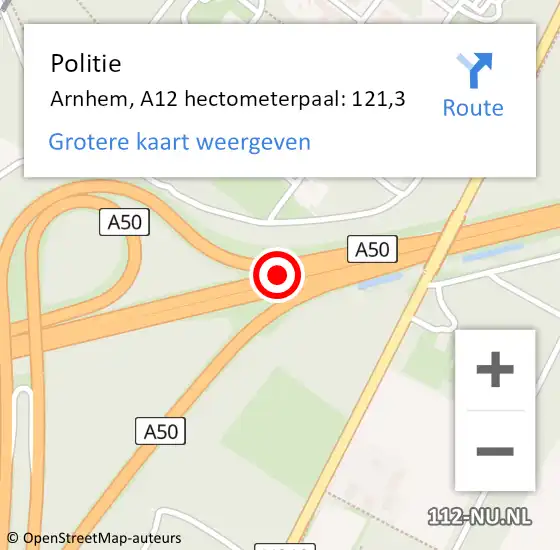 Locatie op kaart van de 112 melding: Politie Arnhem, A12 hectometerpaal: 121,3 op 3 september 2021 11:09