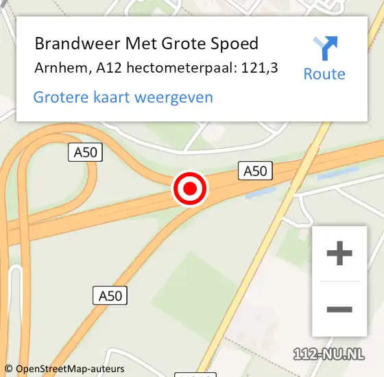 Locatie op kaart van de 112 melding: Brandweer Met Grote Spoed Naar Arnhem, A12 hectometerpaal: 121,3 op 3 september 2021 11:10
