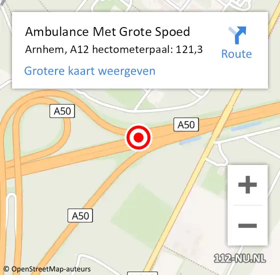 Locatie op kaart van de 112 melding: Ambulance Met Grote Spoed Naar Arnhem, A12 hectometerpaal: 121,3 op 3 september 2021 11:15