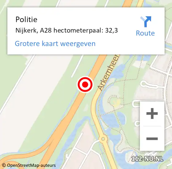 Locatie op kaart van de 112 melding: Politie Nijkerk, A28 hectometerpaal: 32,3 op 3 september 2021 11:24