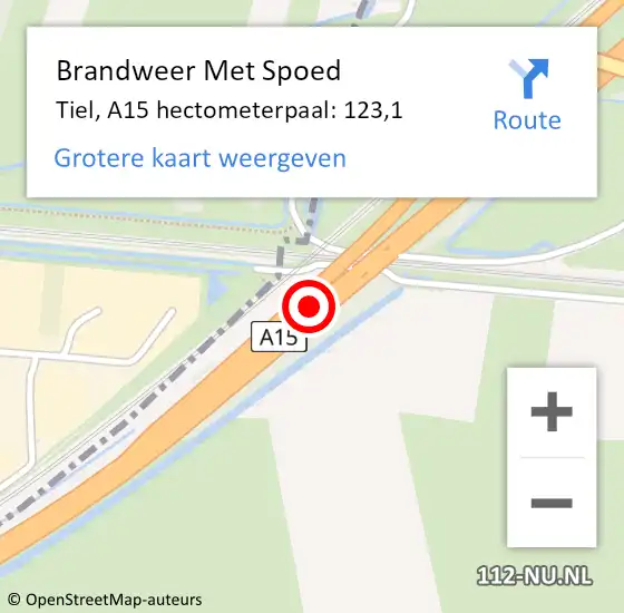 Locatie op kaart van de 112 melding: Brandweer Met Spoed Naar Tiel, A15 hectometerpaal: 123,1 op 3 september 2021 11:44