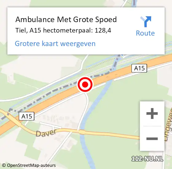 Locatie op kaart van de 112 melding: Ambulance Met Grote Spoed Naar Tiel, A15 hectometerpaal: 128,4 op 3 september 2021 12:35