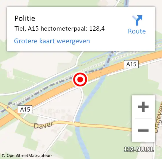 Locatie op kaart van de 112 melding: Politie Tiel, A15 hectometerpaal: 128,4 op 3 september 2021 12:35