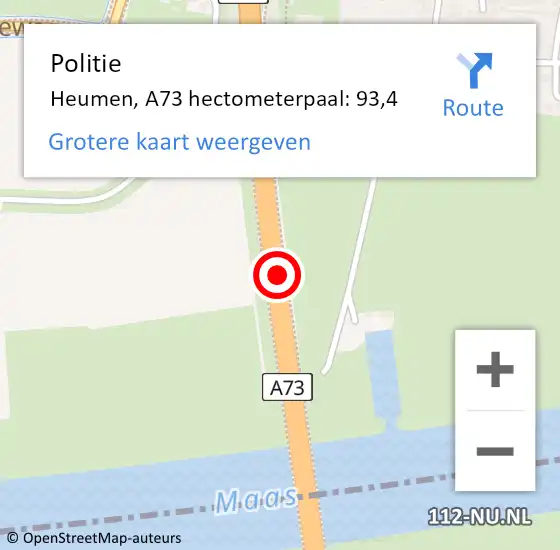 Locatie op kaart van de 112 melding: Politie Heumen, A73 hectometerpaal: 93,4 op 3 september 2021 13:44