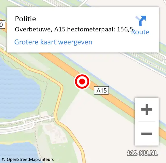 Locatie op kaart van de 112 melding: Politie Overbetuwe, A15 hectometerpaal: 156,5 op 3 september 2021 13:47