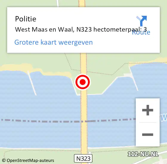 Locatie op kaart van de 112 melding: Politie West Maas en Waal, N323 hectometerpaal: 3 op 3 september 2021 14:07