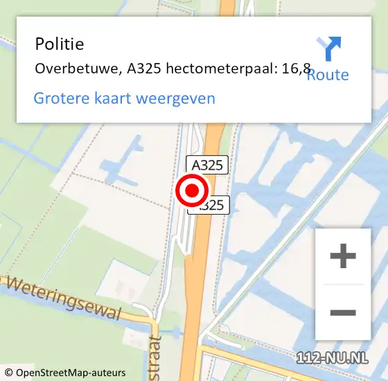 Locatie op kaart van de 112 melding: Politie Overbetuwe, A325 hectometerpaal: 16,8 op 3 september 2021 14:10