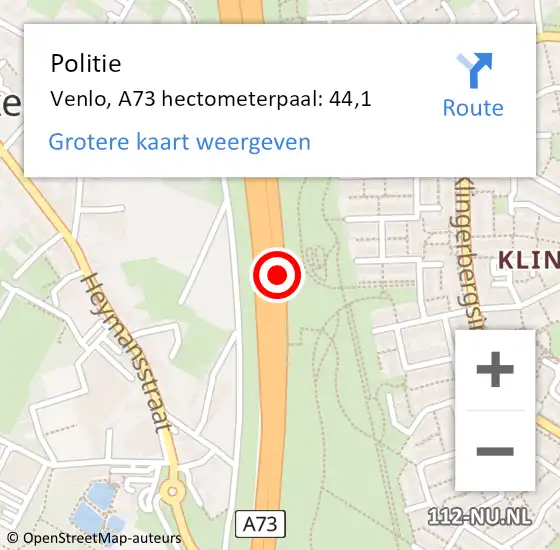 Locatie op kaart van de 112 melding: Politie Venlo, A73 hectometerpaal: 44,1 op 3 september 2021 14:24