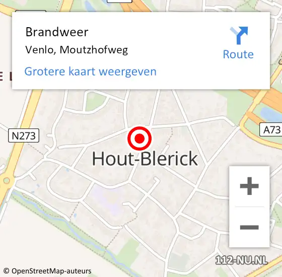 Locatie op kaart van de 112 melding: Brandweer Venlo, Moutzhofweg op 3 september 2021 14:28