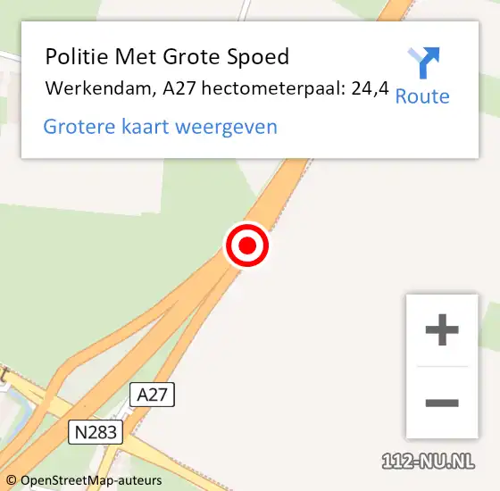 Locatie op kaart van de 112 melding: Politie Met Grote Spoed Naar Werkendam, A27 hectometerpaal: 24,4 op 3 september 2021 14:54