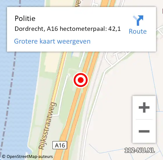 Locatie op kaart van de 112 melding: Politie Dordrecht, A16 hectometerpaal: 42,1 op 3 september 2021 15:02