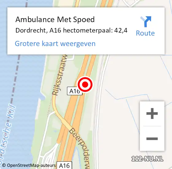 Locatie op kaart van de 112 melding: Ambulance Met Spoed Naar Dordrecht, A16 hectometerpaal: 42,4 op 3 september 2021 15:04