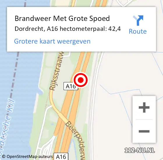 Locatie op kaart van de 112 melding: Brandweer Met Grote Spoed Naar Dordrecht, A16 hectometerpaal: 42,4 op 3 september 2021 15:04