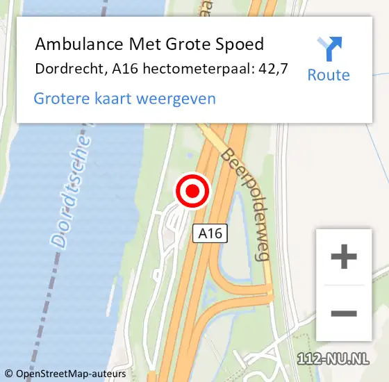 Locatie op kaart van de 112 melding: Ambulance Met Grote Spoed Naar Dordrecht, A16 hectometerpaal: 42,7 op 3 september 2021 15:18