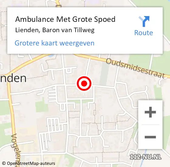 Locatie op kaart van de 112 melding: Ambulance Met Grote Spoed Naar Lienden, Baron van Tillweg op 3 september 2021 16:20