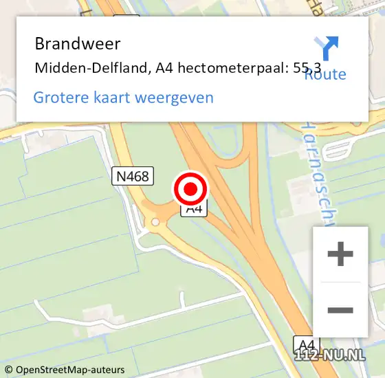 Locatie op kaart van de 112 melding: Brandweer Midden-Delfland, A4 hectometerpaal: 55,3 op 3 september 2021 17:21