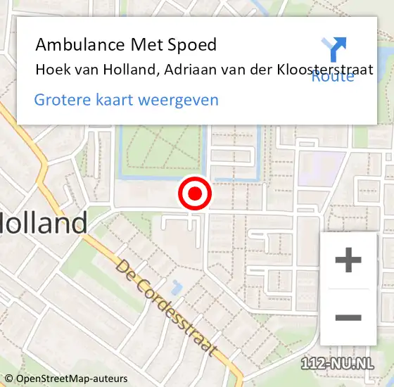 Locatie op kaart van de 112 melding: Ambulance Met Spoed Naar Hoek van Holland, Adriaan van der Kloosterstraat op 3 september 2021 18:31