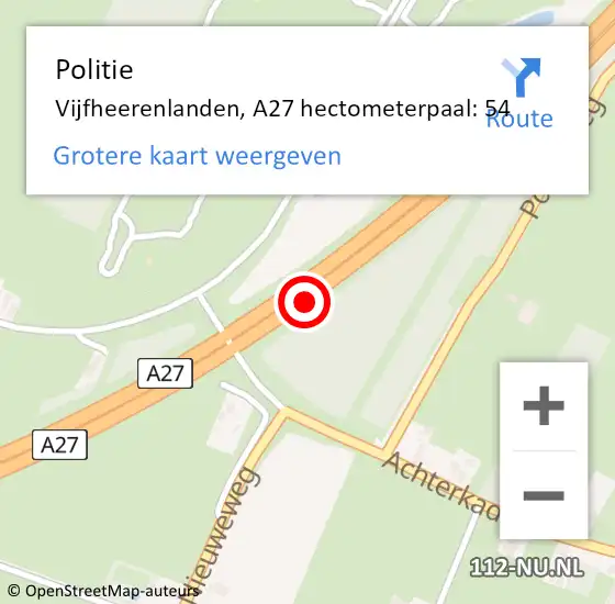 Locatie op kaart van de 112 melding: Politie Zederik, A27 hectometerpaal: 54 op 3 september 2021 18:54