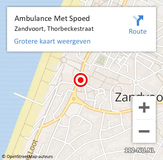 Locatie op kaart van de 112 melding: Ambulance Met Spoed Naar Zandvoort, Thorbeckestraat op 4 september 2021 00:29