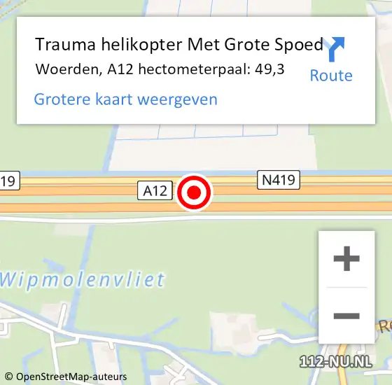 Locatie op kaart van de 112 melding: Trauma helikopter Met Grote Spoed Naar Woerden, A12 hectometerpaal: 49,3 op 4 september 2021 02:11