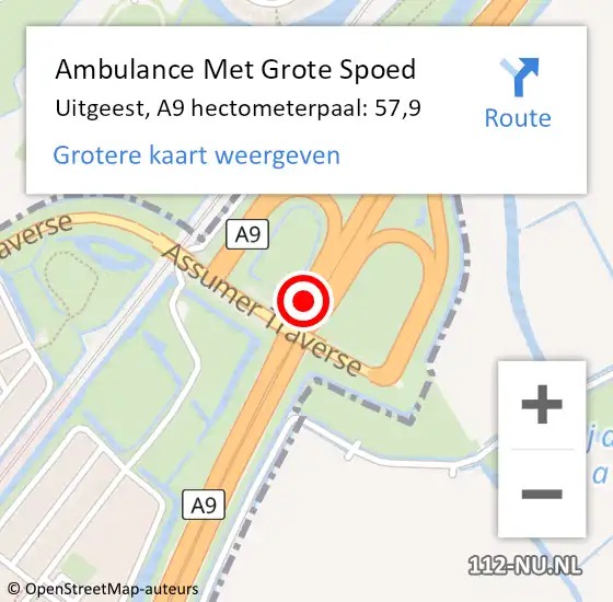 Locatie op kaart van de 112 melding: Ambulance Met Grote Spoed Naar Uitgeest, A9 hectometerpaal: 57,9 op 4 september 2021 05:20