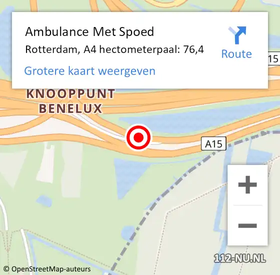 Locatie op kaart van de 112 melding: Ambulance Met Spoed Naar Rotterdam, A4 hectometerpaal: 76,4 op 4 september 2021 06:41