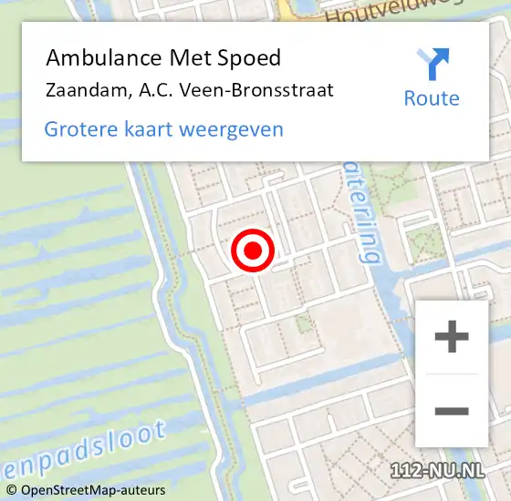 Locatie op kaart van de 112 melding: Ambulance Met Spoed Naar Zaandam, A.C. Veen-Bronsstraat op 4 september 2021 09:58