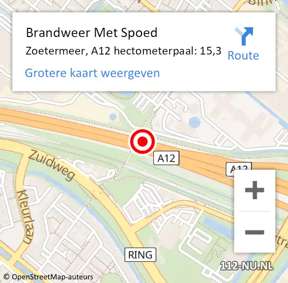 Locatie op kaart van de 112 melding: Brandweer Met Spoed Naar Zoetermeer, A12 hectometerpaal: 15,3 op 4 september 2021 10:08