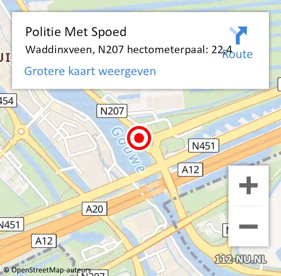 Locatie op kaart van de 112 melding: Politie Met Spoed Naar Waddinxveen, N207 hectometerpaal: 22,4 op 4 september 2021 10:53