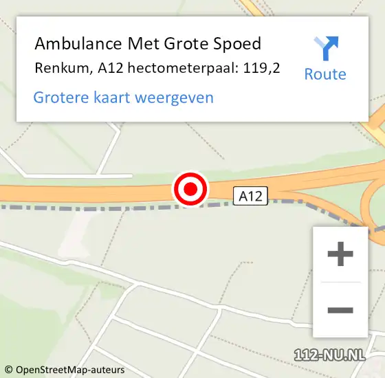 Locatie op kaart van de 112 melding: Ambulance Met Grote Spoed Naar Renkum, A12 hectometerpaal: 119,2 op 4 september 2021 12:34