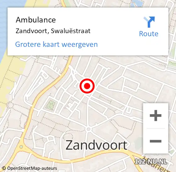 Locatie op kaart van de 112 melding: Ambulance Zandvoort, Swaluëstraat op 4 september 2021 14:30