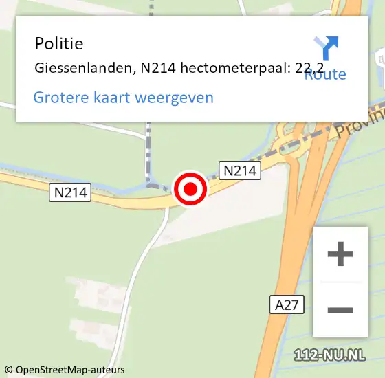 Locatie op kaart van de 112 melding: Politie Giessenlanden, N214 hectometerpaal: 22,2 op 4 september 2021 15:10