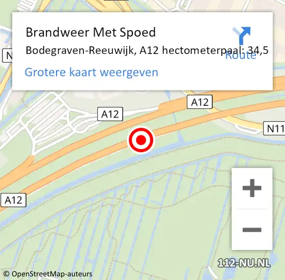 Locatie op kaart van de 112 melding: Brandweer Met Spoed Naar Bodegraven-Reeuwijk, A12 hectometerpaal: 34,5 op 4 september 2021 16:05