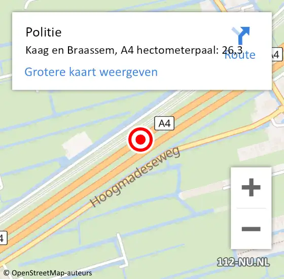 Locatie op kaart van de 112 melding: Politie Kaag en Braassem, A4 hectometerpaal: 26,3 op 4 september 2021 16:22