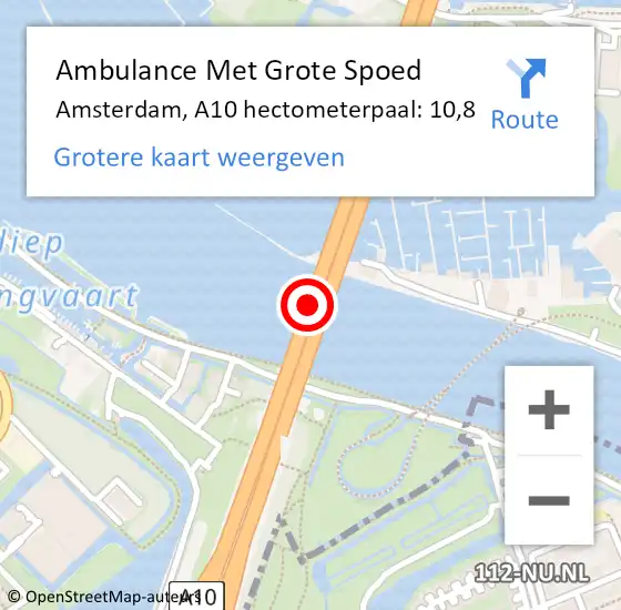 Locatie op kaart van de 112 melding: Ambulance Met Grote Spoed Naar Amsterdam, A10 hectometerpaal: 10,8 op 4 september 2021 16:55