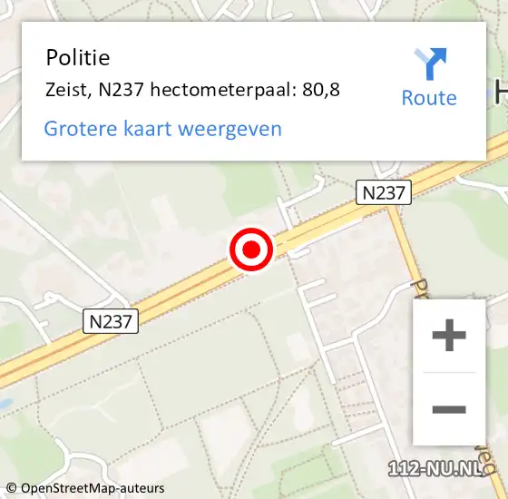 Locatie op kaart van de 112 melding: Politie Zeist, N237 hectometerpaal: 80,8 op 4 september 2021 17:46