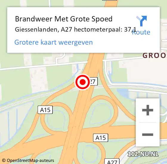 Locatie op kaart van de 112 melding: Brandweer Met Grote Spoed Naar Giessenlanden, A27 hectometerpaal: 37,1 op 4 september 2021 17:51