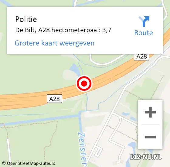 Locatie op kaart van de 112 melding: Politie De Bilt, A28 hectometerpaal: 3,7 op 4 september 2021 18:33