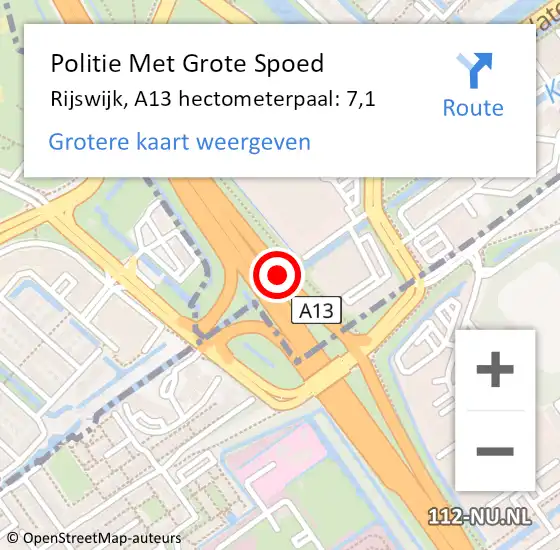 Locatie op kaart van de 112 melding: Politie Met Grote Spoed Naar Rijswijk, A13 hectometerpaal: 7,1 op 4 september 2021 18:55